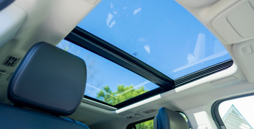 Open sunroof with blue sky and trees