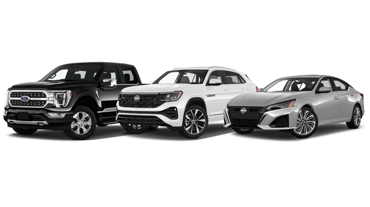 three cars lined up on a white background